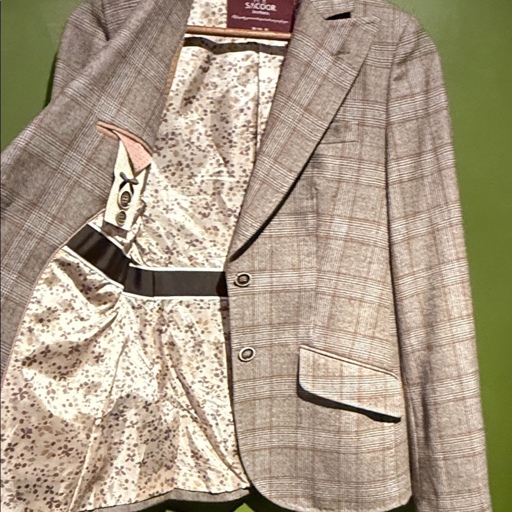 Sacoor Brothers Beige and Brown Plaid Blazer with Elbow Pads - Picture 7 of 11